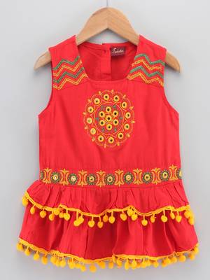 Embroidered Top With Printed Dhoti Pants- Red & Yellow 2