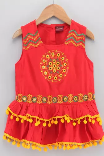 Embroidered Top With Printed Dhoti Pants- Red & Yellow