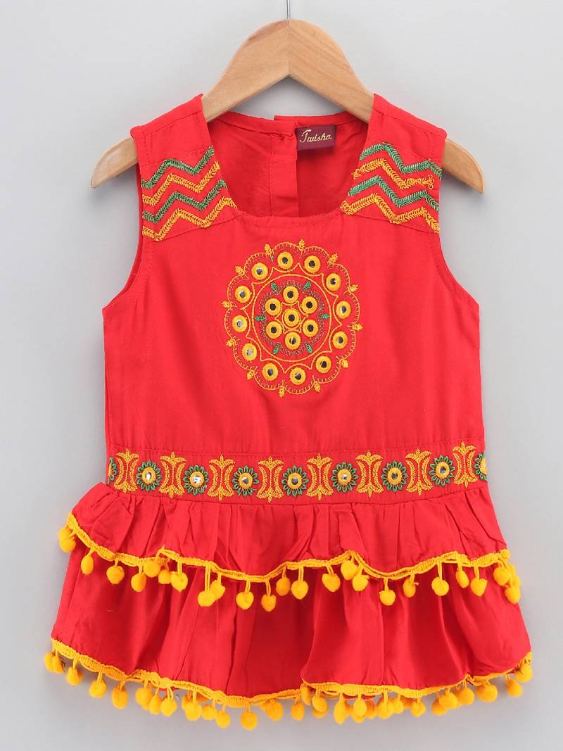 Embroidered Top With Printed Dhoti Pants- Red & Yellow