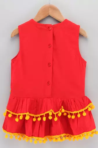 Embroidered Top With Printed Dhoti Pants- Red & Yellow