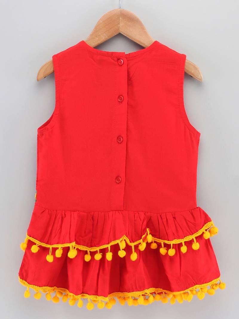 Embroidered Top With Printed Dhoti Pants- Red & Yellow