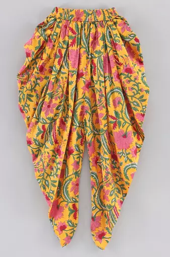 Embroidered Top With Printed Dhoti Pants- Red & Yellow