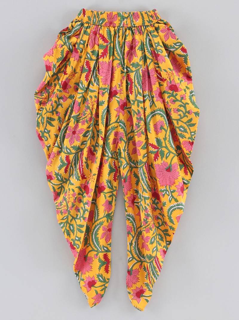 Embroidered Top With Printed Dhoti Pants- Red & Yellow