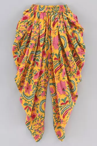 Embroidered Top With Printed Dhoti Pants- Red & Yellow