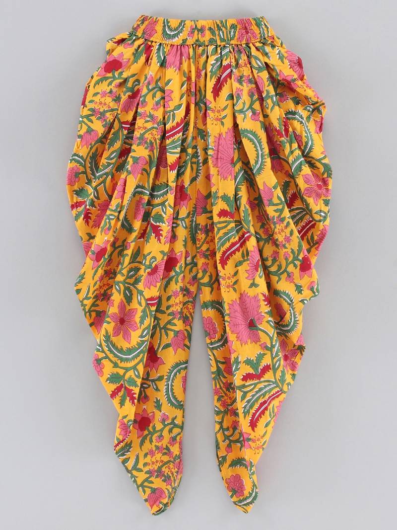 Embroidered Top With Printed Dhoti Pants- Red & Yellow