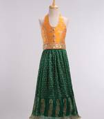 Brocade Choli With Crush Printed Ghagra- Yellow & Green