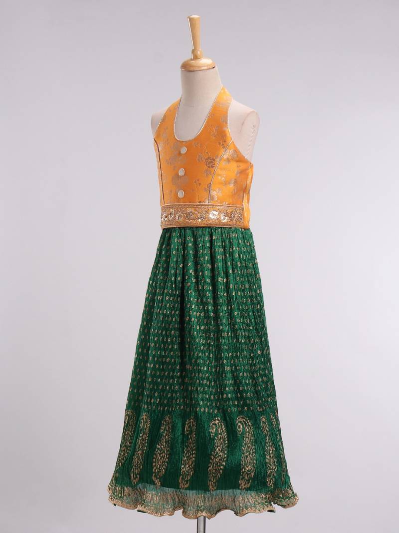 Brocade Choli With Crush Printed Ghagra- Yellow & Green