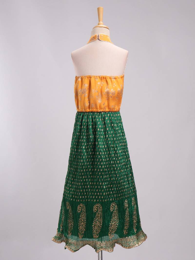 Brocade Choli With Crush Printed Ghagra- Yellow & Green