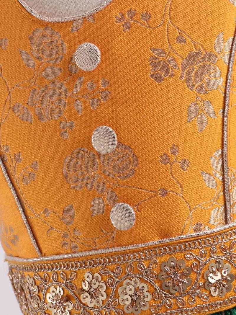 Brocade Choli With Crush Printed Ghagra- Yellow & Green