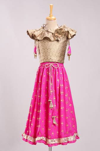 Brocade Choli With Crush Printed Ghagra- Gold & Pink