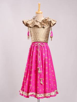 Brocade Choli With Crush Printed Ghagra- Gold & Pink 1