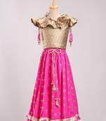 Brocade Choli With Crush Printed Ghagra- Gold & Pink