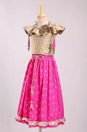Brocade Choli With Crush Printed Ghagra- Gold & Pink