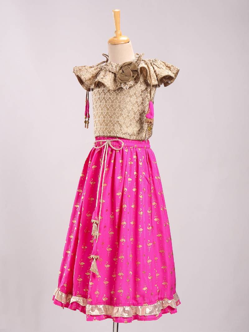 Brocade Choli With Crush Printed Ghagra- Gold & Pink