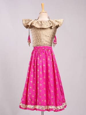 Brocade Choli With Crush Printed Ghagra- Gold & Pink 3