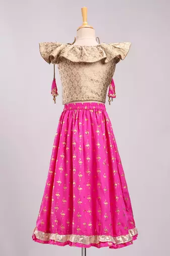 Brocade Choli With Crush Printed Ghagra- Gold & Pink