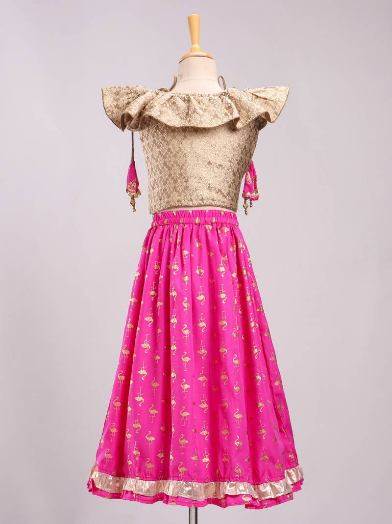 Brocade Choli With Crush Printed Ghagra- Gold & Pink