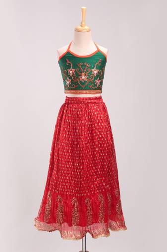 Embroidered Choli With Crush Printed Ghagra- Green & Red