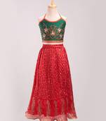 Embroidered Choli With Crush Printed Ghagra- Green & Red