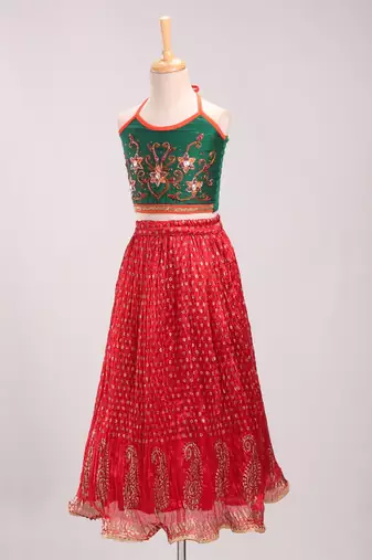 Embroidered Choli With Crush Printed Ghagra- Green & Red