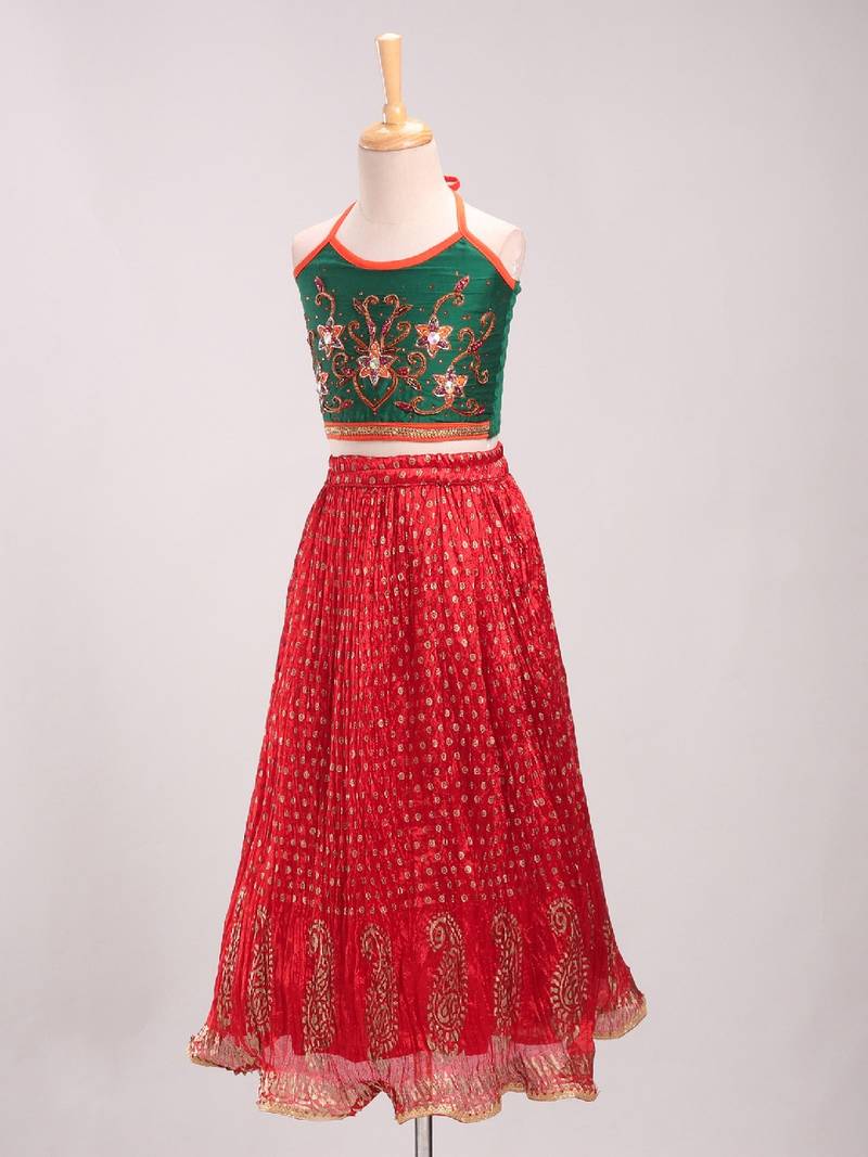 Embroidered Choli With Crush Printed Ghagra- Green & Red