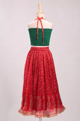 Embroidered Choli With Crush Printed Ghagra- Green & Red