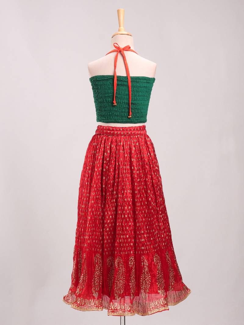 Embroidered Choli With Crush Printed Ghagra- Green & Red