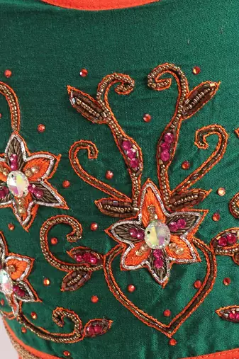 Embroidered Choli With Crush Printed Ghagra- Green & Red