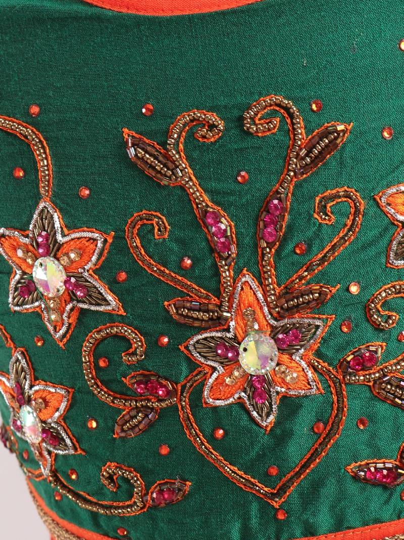 Embroidered Choli With Crush Printed Ghagra- Green & Red