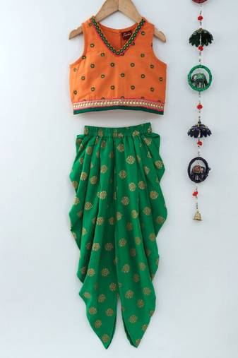 Embroidered Top With Printed Dhoti Pants- Orange & Green