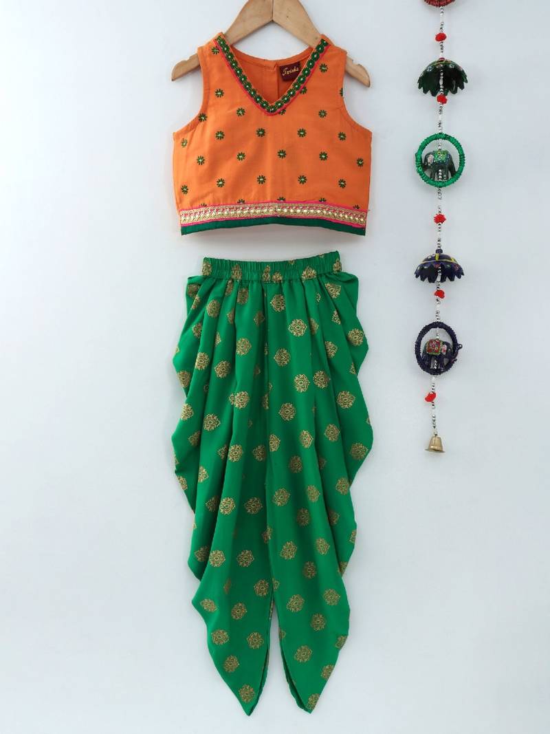 Embroidered Top With Printed Dhoti Pants- Orange & Green