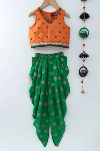 Embroidered Top With Printed Dhoti Pants- Orange & Green