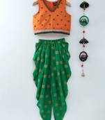 Embroidered Top With Printed Dhoti Pants- Orange & Green