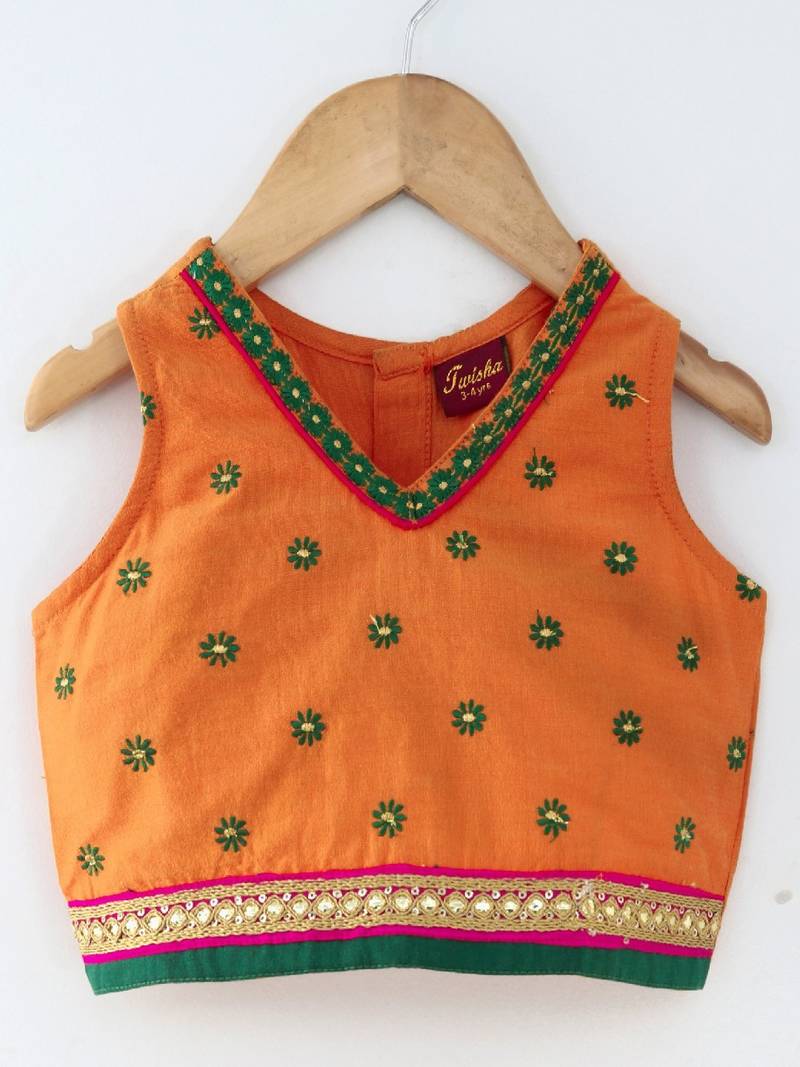 Embroidered Top With Printed Dhoti Pants- Orange & Green