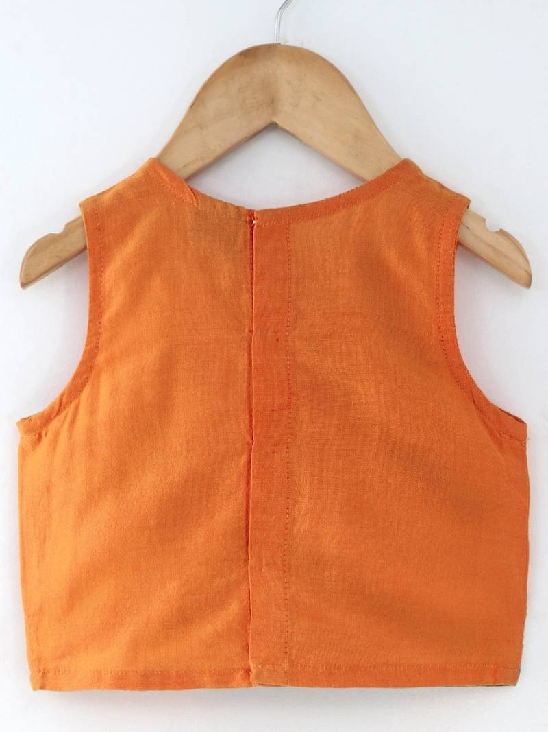 Embroidered Top With Printed Dhoti Pants- Orange & Green