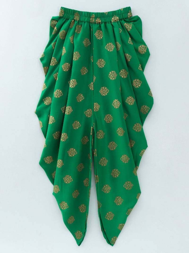 Embroidered Top With Printed Dhoti Pants- Orange & Green