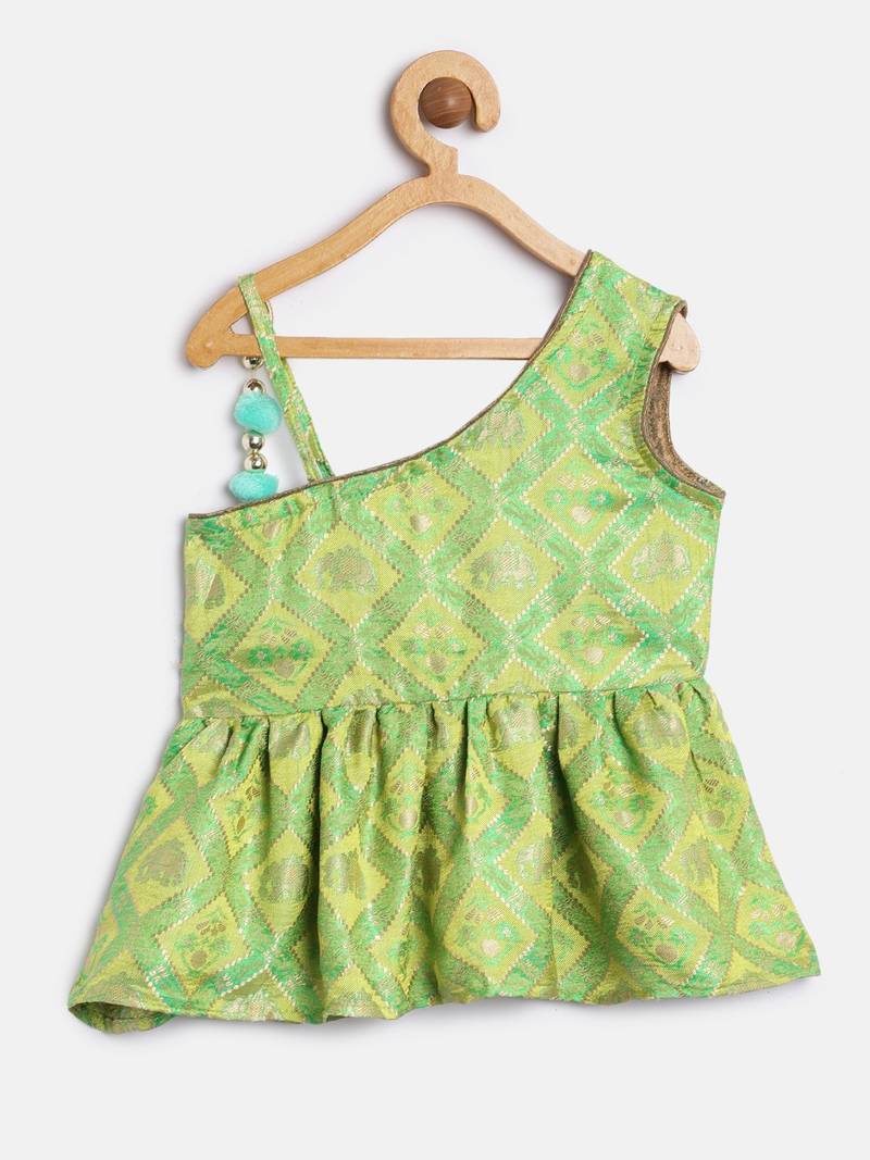 Brocade Choli With Net Ghagra- Green