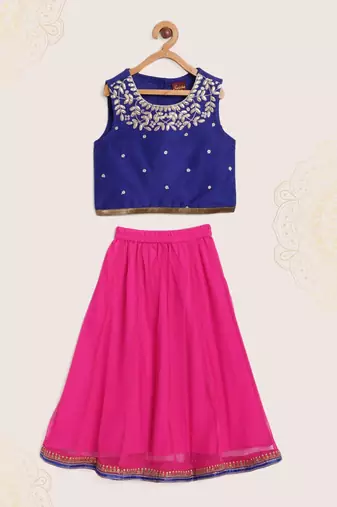 Embroidered Choli With Ghagra- Blue & Pink