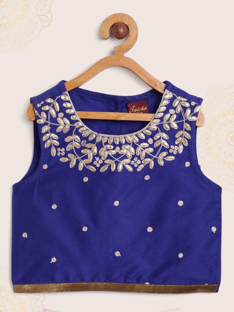 Embroidered Choli With Ghagra- Blue & Pink