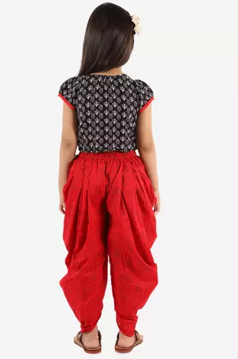 Printed Top With Dhoti Pants- Black & Red