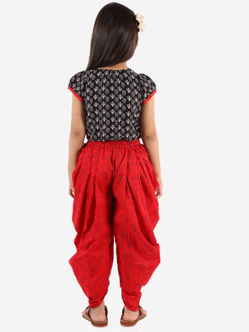 Printed Top With Dhoti Pants- Black & Red