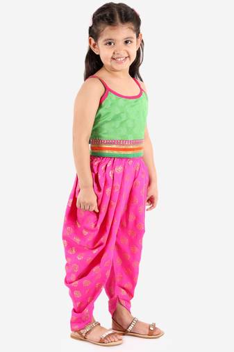 Self Designed Top With Printed Dhoti Pants- Green & Pink