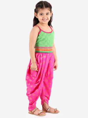 Self Designed Top With Printed Dhoti Pants- Green & Pink 1