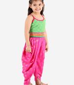 Self Designed Top With Printed Dhoti Pants- Green & Pink