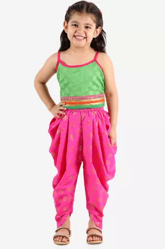 Self Designed Top With Printed Dhoti Pants- Green & Pink