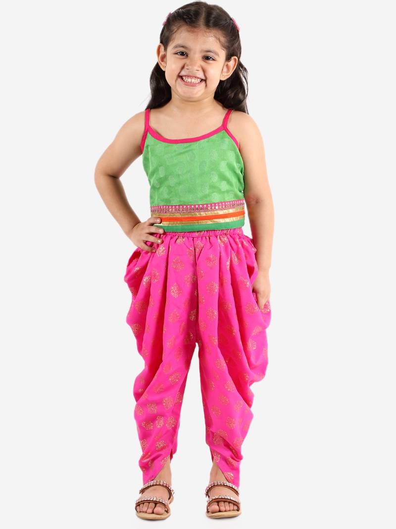 Self Designed Top With Printed Dhoti Pants- Green & Pink
