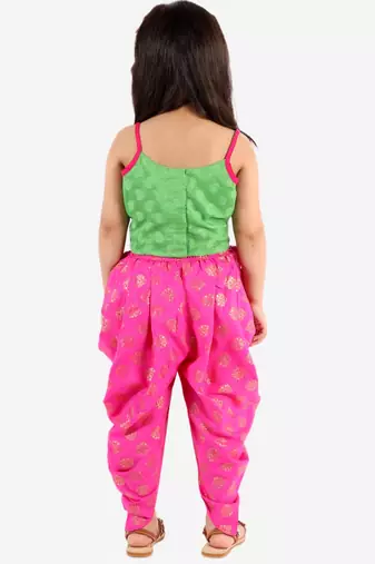 Self Designed Top With Printed Dhoti Pants- Green & Pink