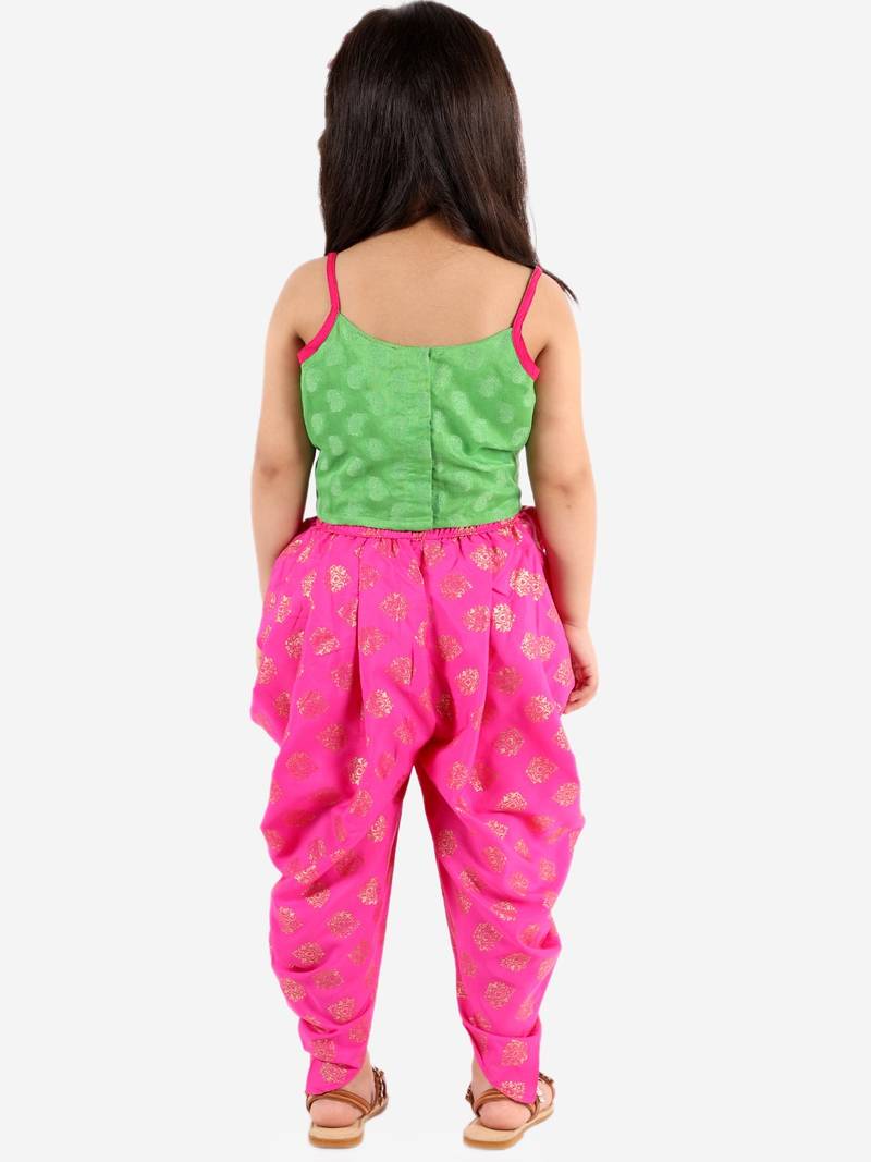 Self Designed Top With Printed Dhoti Pants- Green & Pink