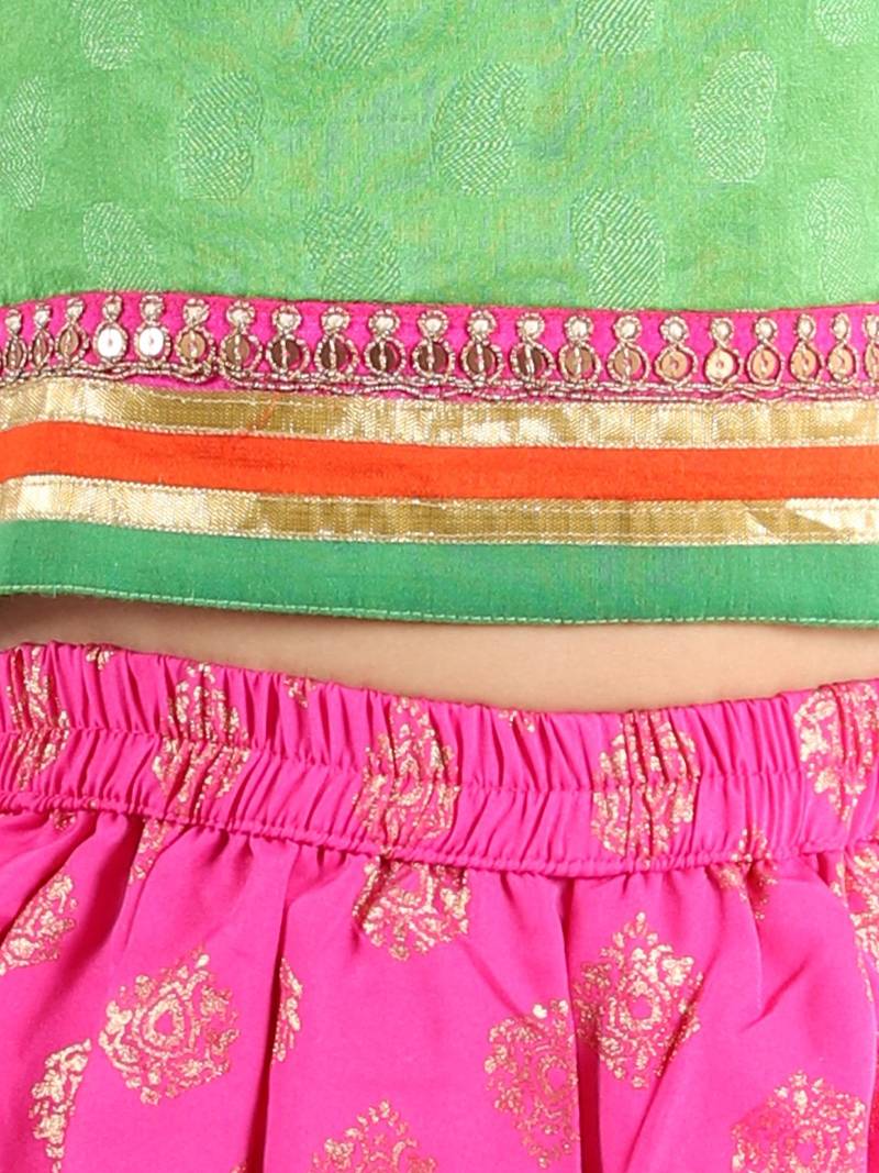 Self Designed Top With Printed Dhoti Pants- Green & Pink