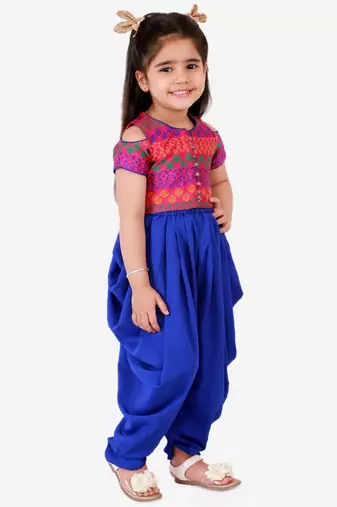 Brocade Top With Dhoti Pants- Multi & Blue